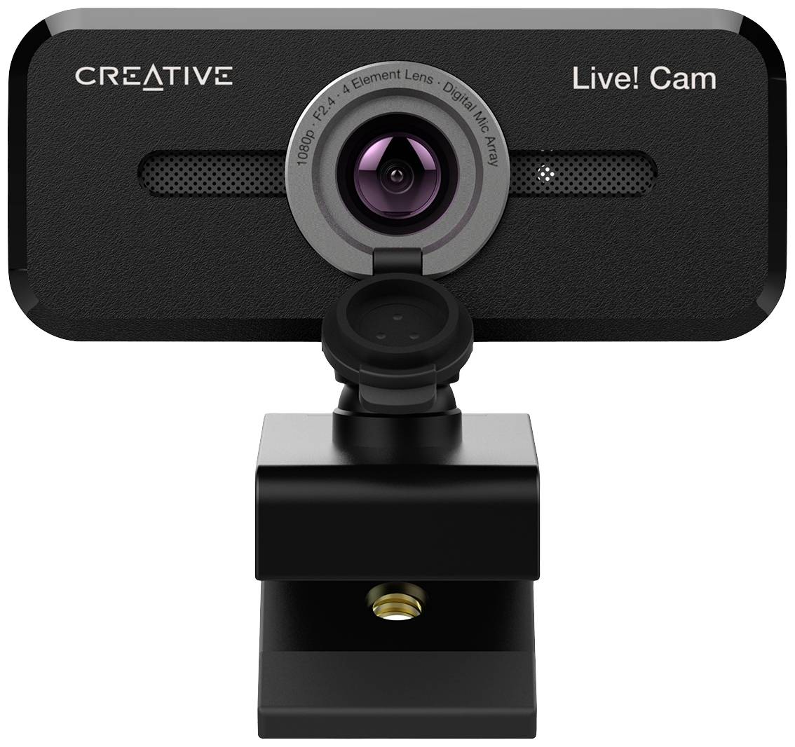 Egy fekete webkamera "Creative Live! Cam" felirattal. Középen egy objektívvel rendelkezik, és egy állítható állványon áll.