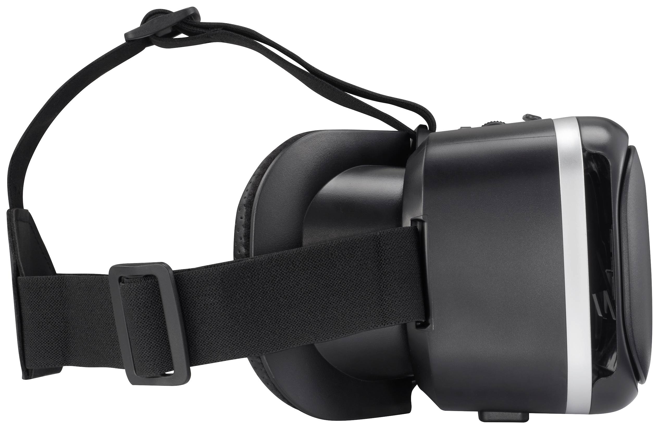 Fekete VR-szemüveg rugalmas szalaggal, oldalnézeti kép. Eszköz virtuális valóság élmények számára.