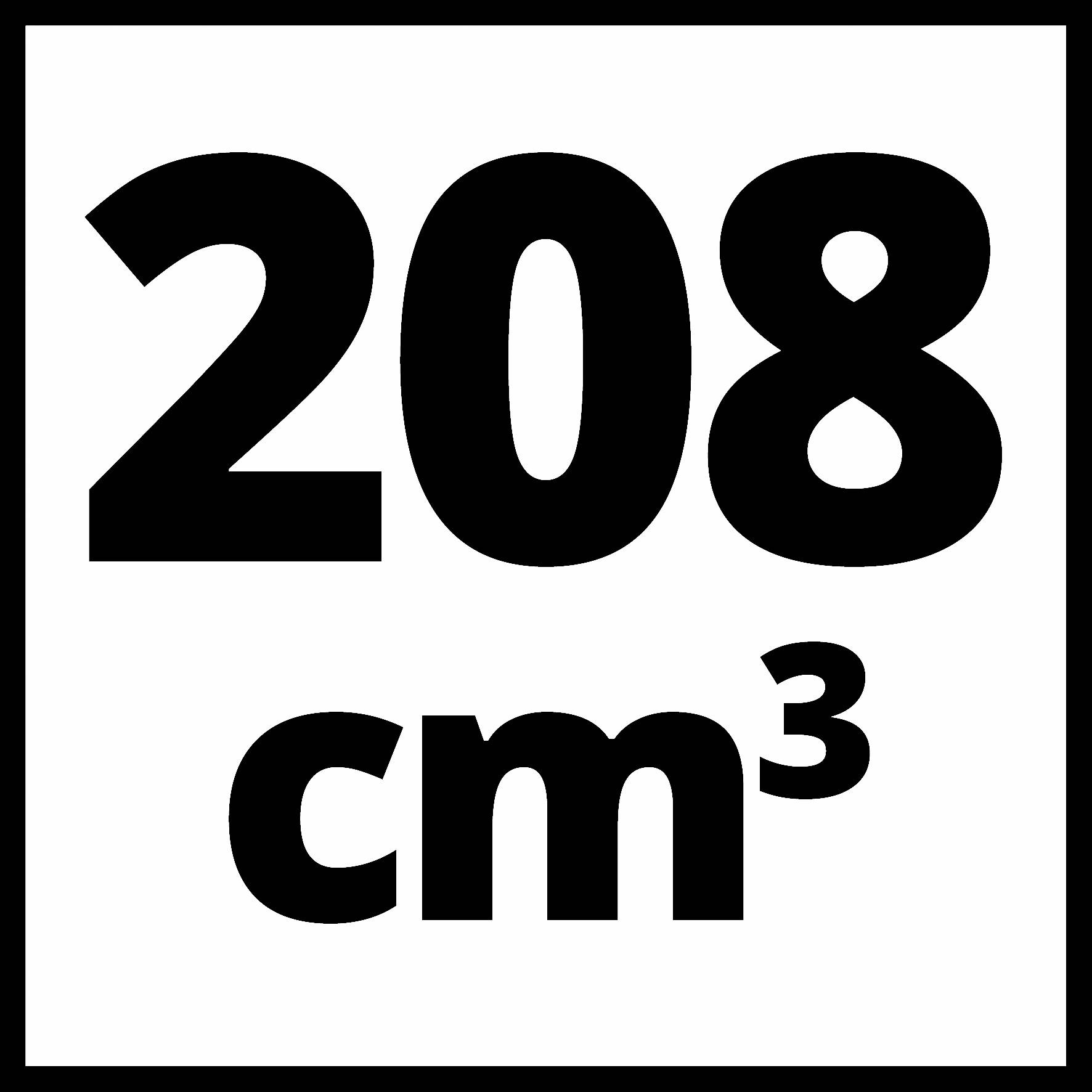 A '208 cm³' szám fekete betűkkel fehér háttéren jelenik meg.
