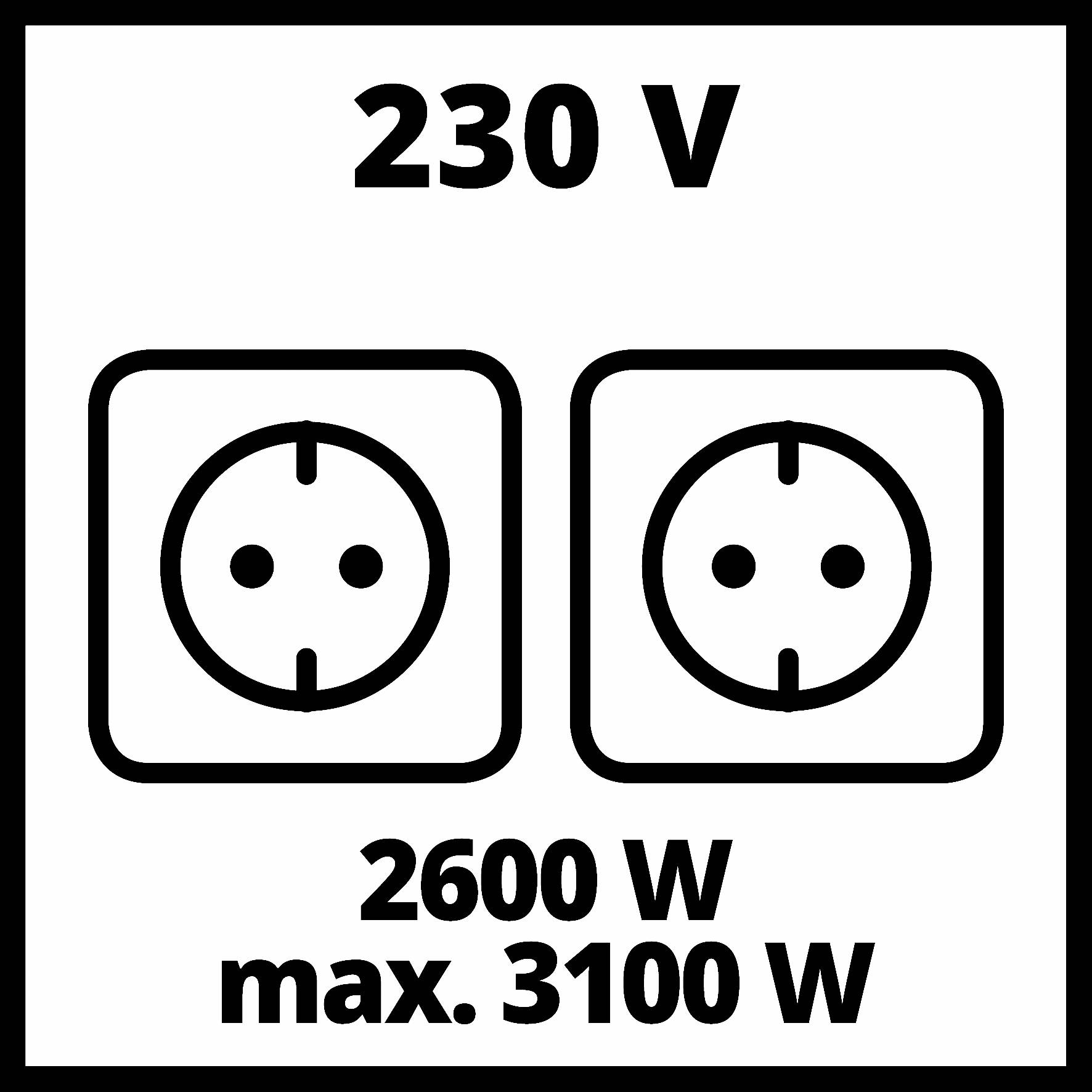 Két csatlakozóaljzat a következő felirattal: '230 V, 2600 W, max. 3100 W'.