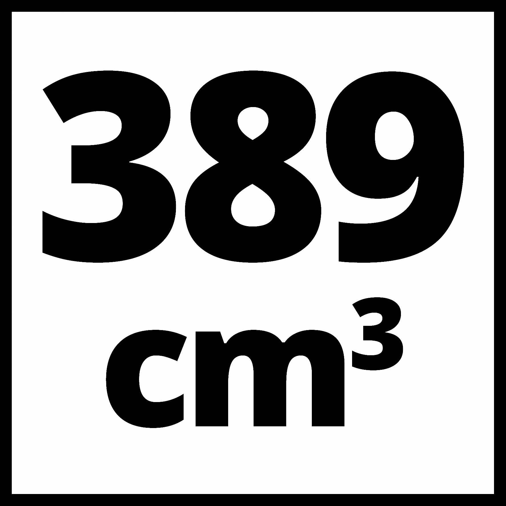 389 cm³ nagy, fekete betűkkel fehér háttéren.