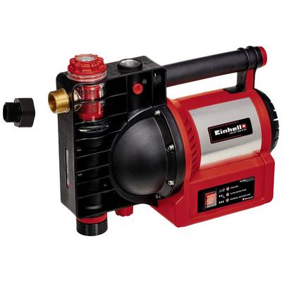 Einhell márkájú elektromos szivattyú, fekete-piros színben, fogantyúval, kapcsolóval és csatlakozóval, öntözési célokra alkalmas.