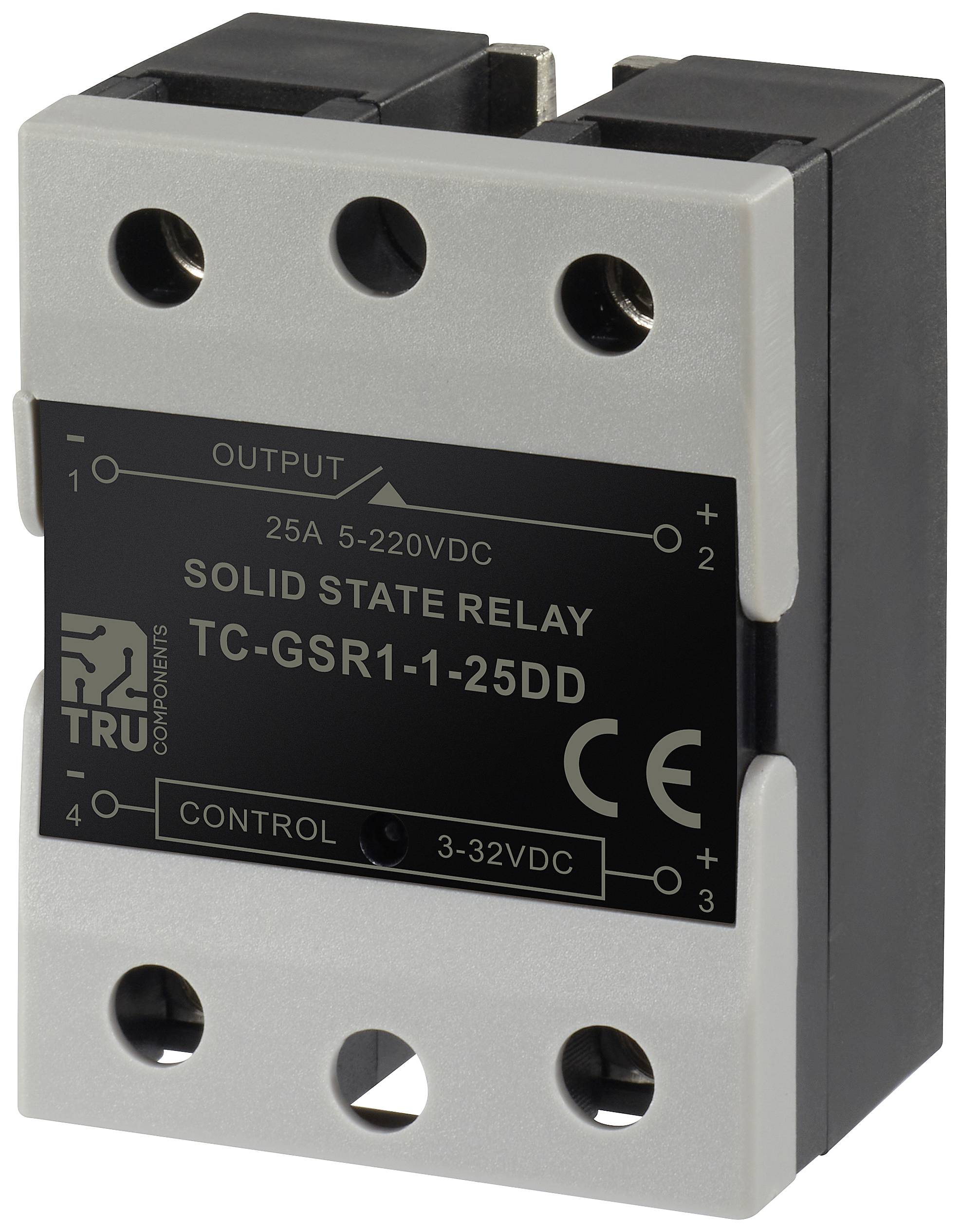Egy TC-GSR1-1-25DD jelölésű szilárdtest-relé, 3-32VDC bemeneti tartománnyal és 5-220VDC kimeneti tartománnyal, 25A áramerősséggel.