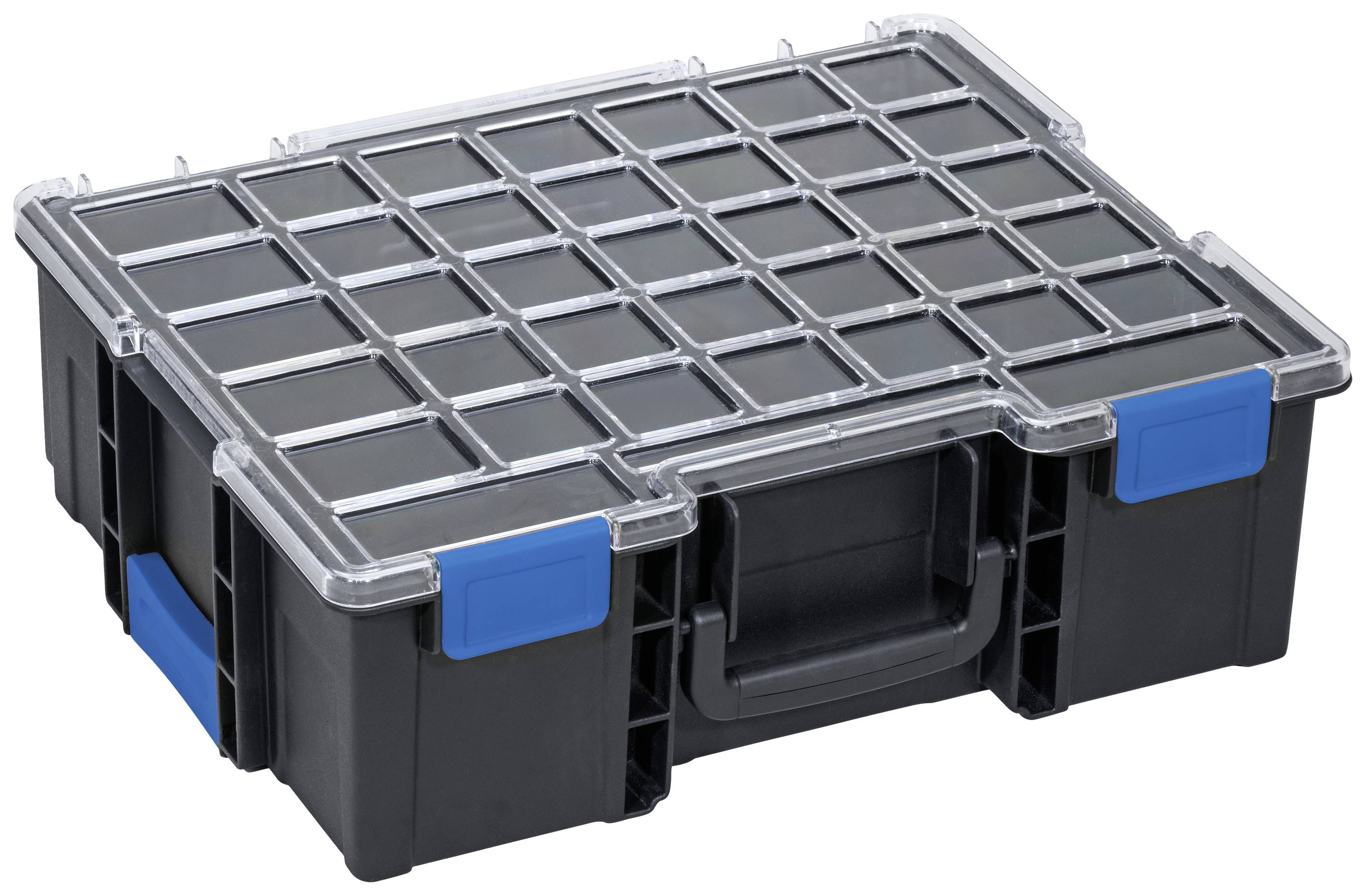 Egy fekete műanyag rendszerező átlátszó tetővel és kék zárral, alkalmas kisméretű alkatrészek tárolására.