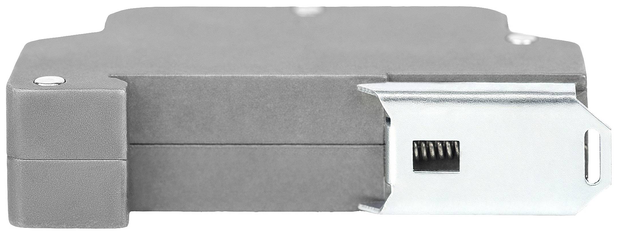 Egy szürke elektronikai eszköz fémkapoccsal, valószínűleg egy biztosítéktartó vagy relé, fehér háttér előtt fényképezve.