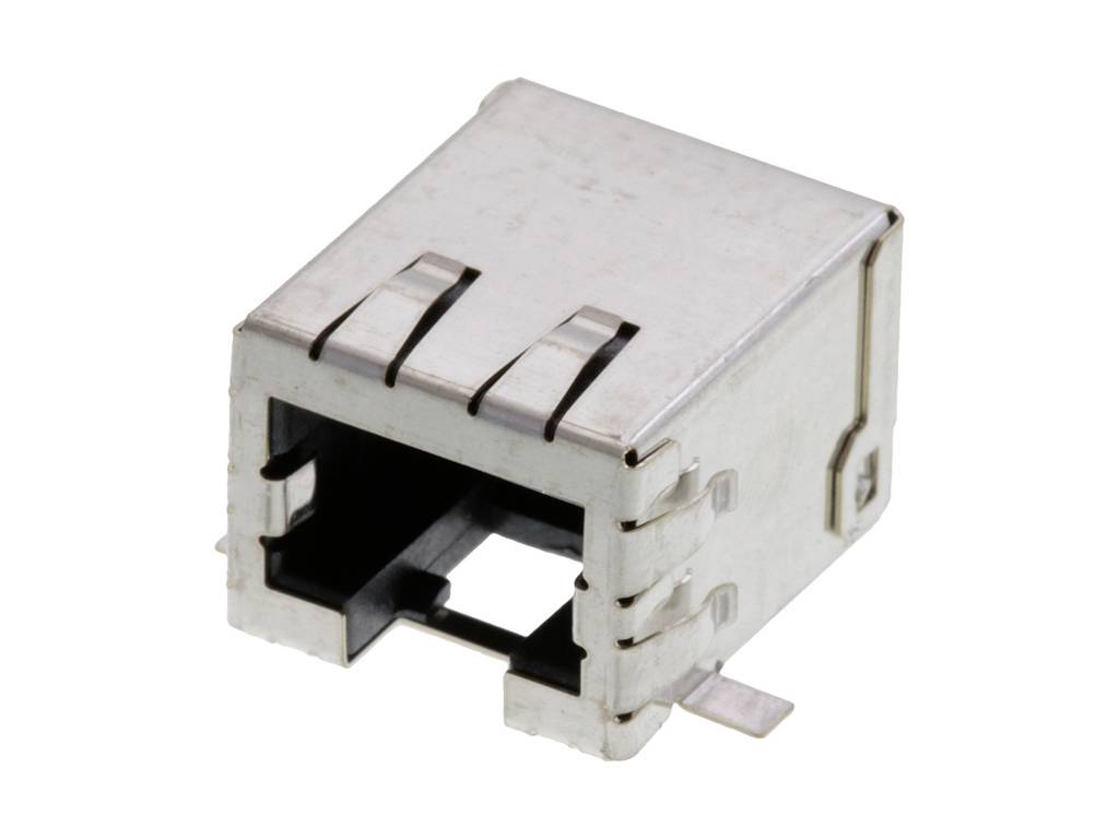 Fémből készült USB-csatlakozó, téglalap alakú, oldalán kiálló rögzítőfülek, nyomtatott áramköri lapra történő szereléshez.