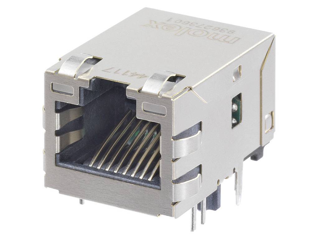 Egy téglalapformájú, fém Ethernet-csatlakozó több belső érintkezővel. Elektronikai eszközökön használják.