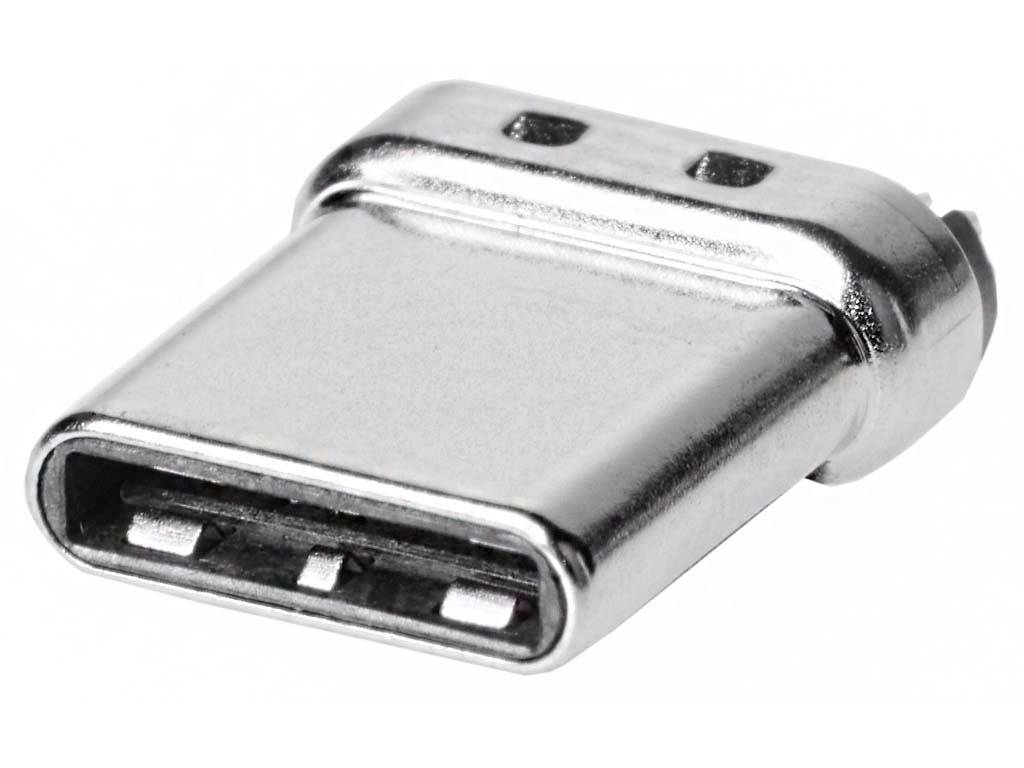 Egy USB-C csatlakozó közelképe felülnézetből. A csatlakozó szimmetrikus, ovális kialakítású, fémházba foglalt.