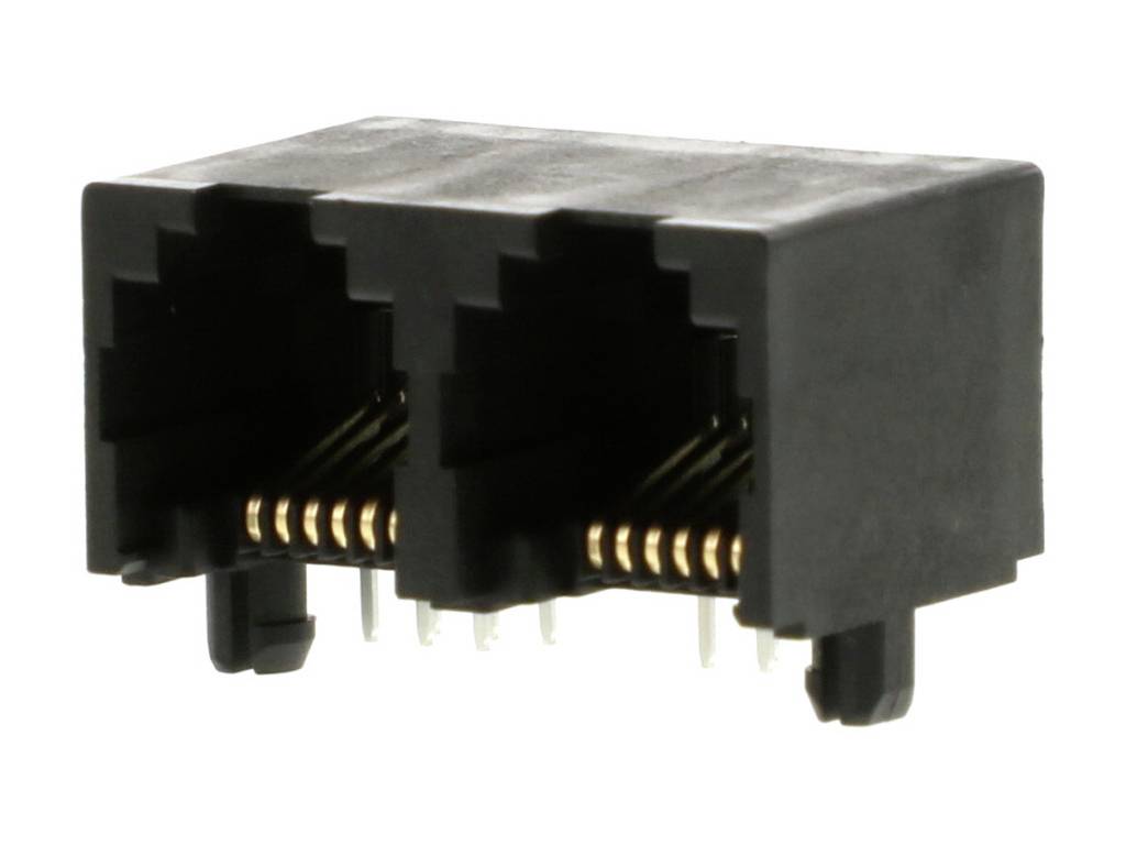 Kétsoros RJ45 aljzat, alkalmas Ethernet-kábel csatlakoztatásához, belső aranyozott érintkezőket mutat az elektronikus hálózatépítéshez.