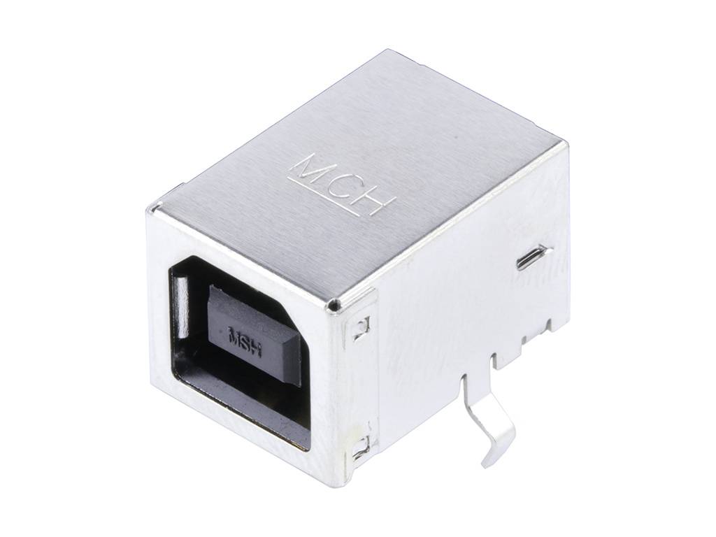 Ezüstszínű USB-A-port csatlakozóház, téglalap alakú, oldalnézetben nyitott csatlakozási oldallal; elektronikus eszközökhöz alkalmas.