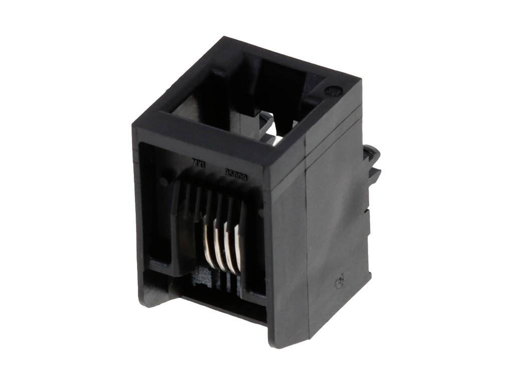 Fekete RJ45-csatlakozóaljzat nyolc fém érintkezővel, hálózati csatlakozáshoz, oldalirányú rögzítése látható.