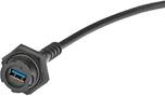 Egy USB-kábel egy fekete, négyzet alakú tartóban lévő csatlakozóval.