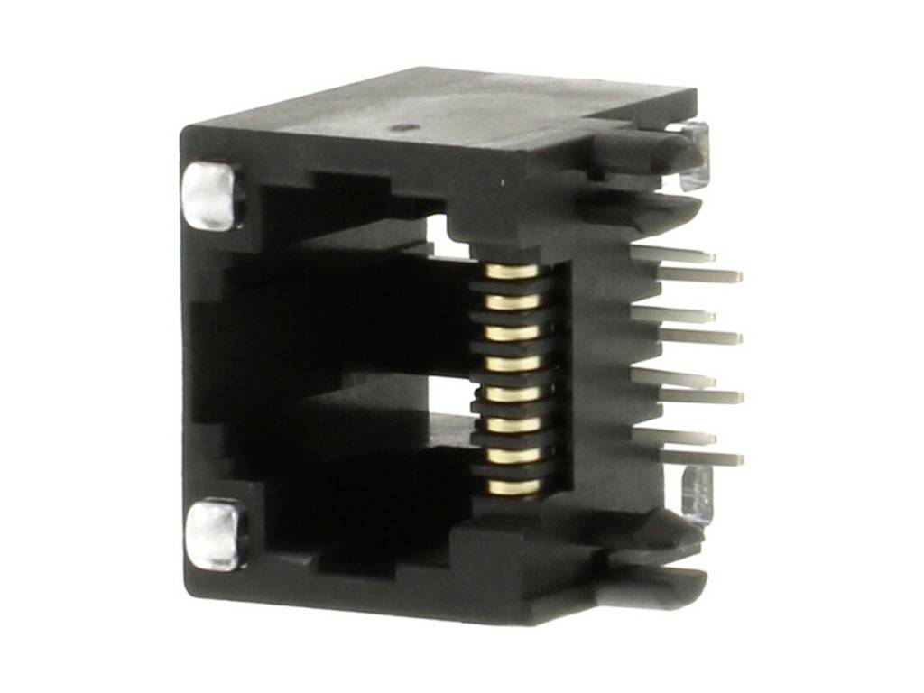Egy RJ45-csatlakozóaljzat nyolc aranyozott érintkezővel és fekete házzal, amelyet tipikusan Ethernet-csatlakozásokhoz használnak.