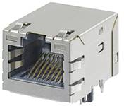 RJ45-hálózati csatlakozó ábrázolása, ezüstszínű, láthatóvá téve a belső fémkontaktusokat. Ethernet-kábelek csatlakoztatására szolgál.