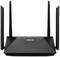 Egy fekete WLAN-router négy antennával és az 'Asus' márka logójával az elülső oldalán.
