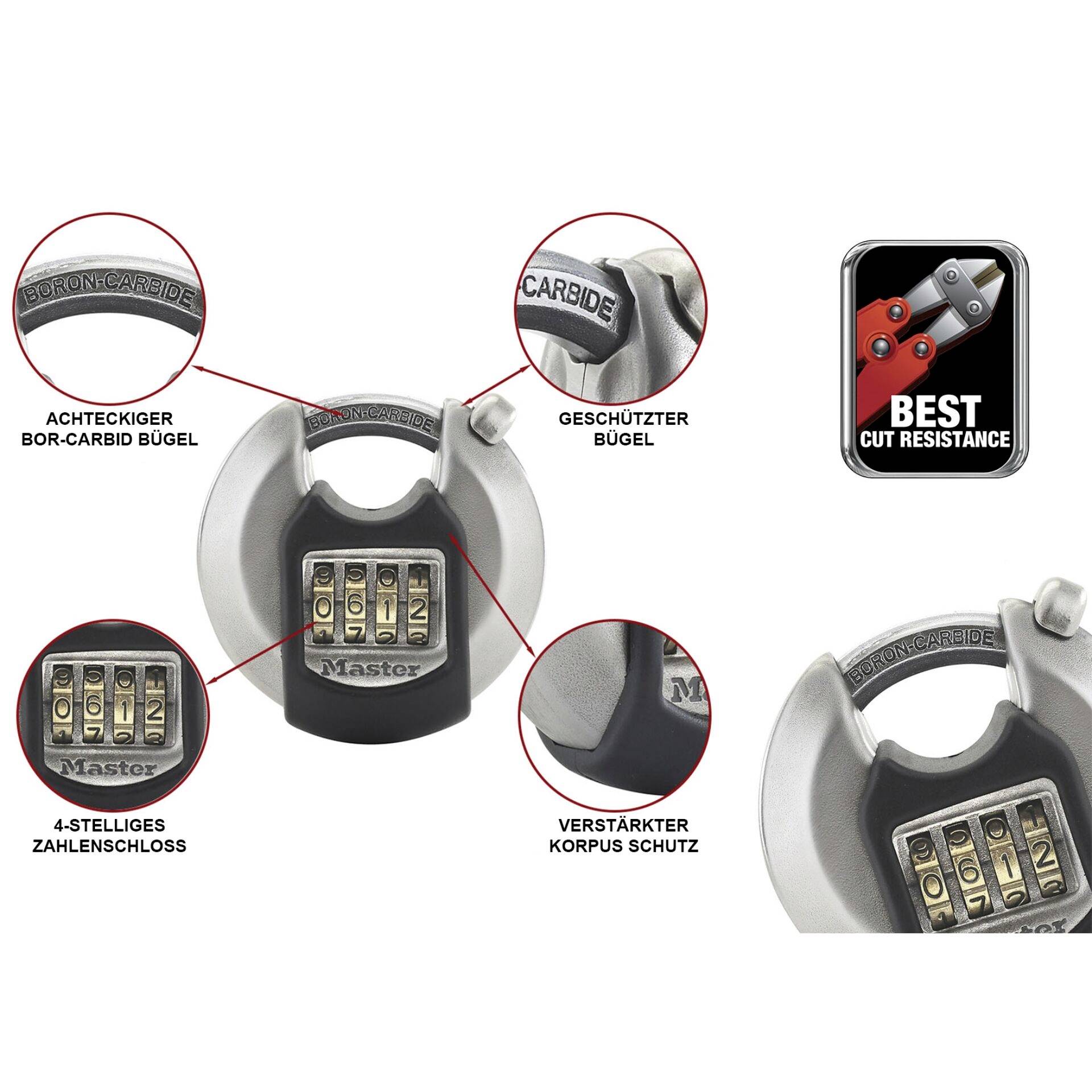 Ezüstös kerek lakat karbid fúróanyaggal és négyjegyű számzárral. Kiemelkedő jellemzők: nyolcszögletű kengyelű és megerősített test.