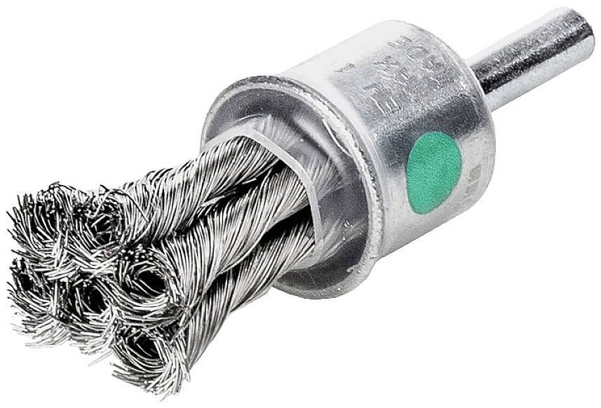 Fúrógépre szerelhető drótkefe attachment, hengeres alakú, fém sörtékkel, rozsda vagy festék eltávolítására alkalmas.