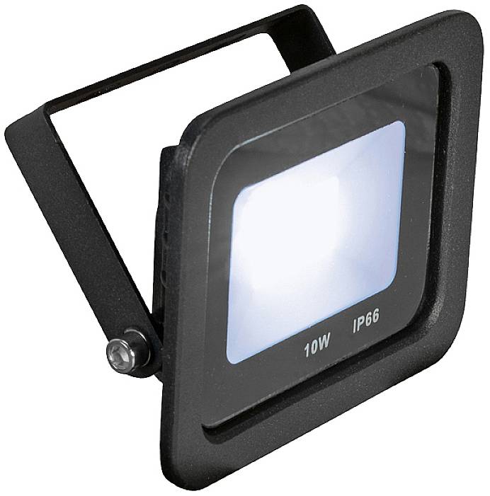 Négyszögletes dizájnú LED reflektor fekete kerettel. Ráírva: '10W IP66'. Kültéri használatra alkalmas.