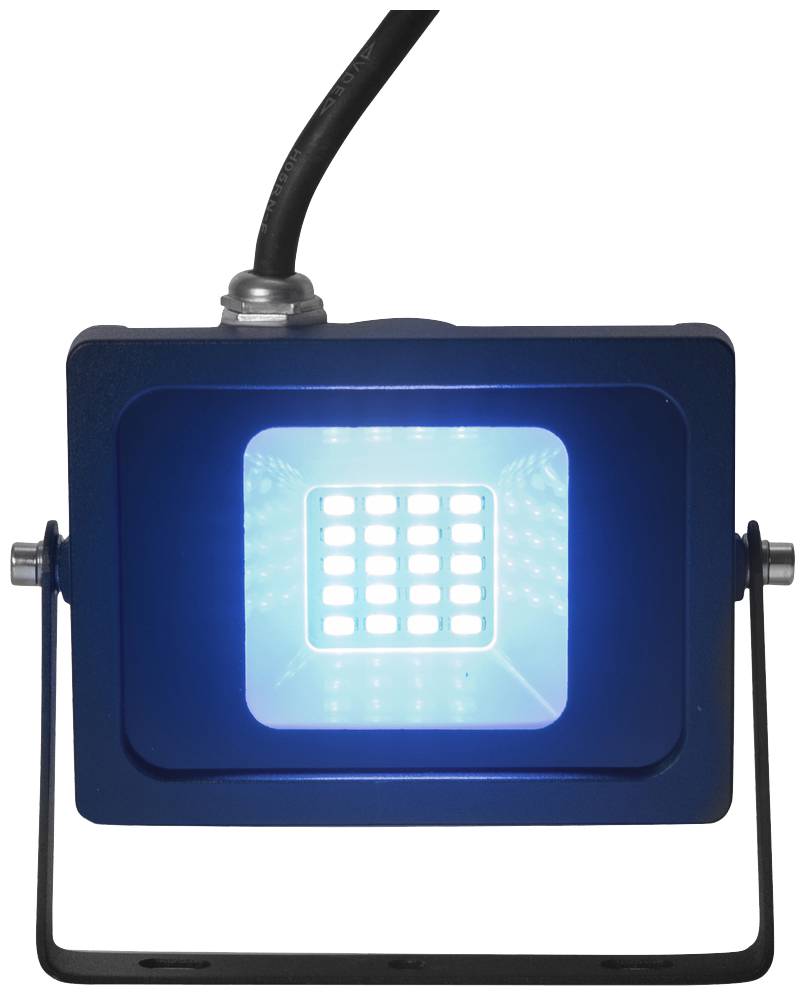 Egy kék LED-reflektor fémkerettel élesen világít, négyzetes mintázattal a közepén.