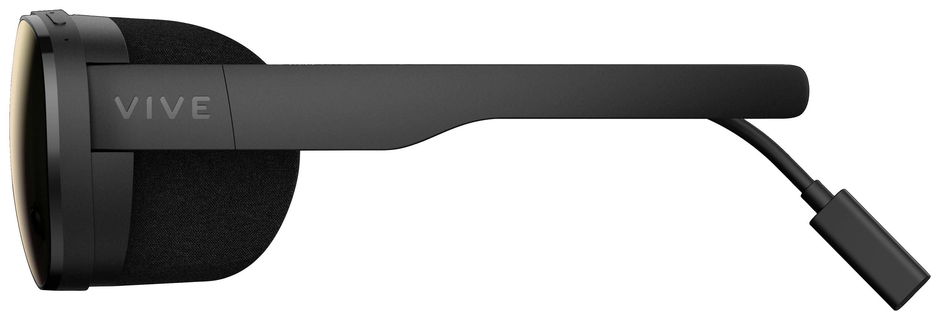 Egy fekete VR-headset oldalnézetben, egy hosszúkás, merev karral és egy csatlakozókábellel a kar végén.