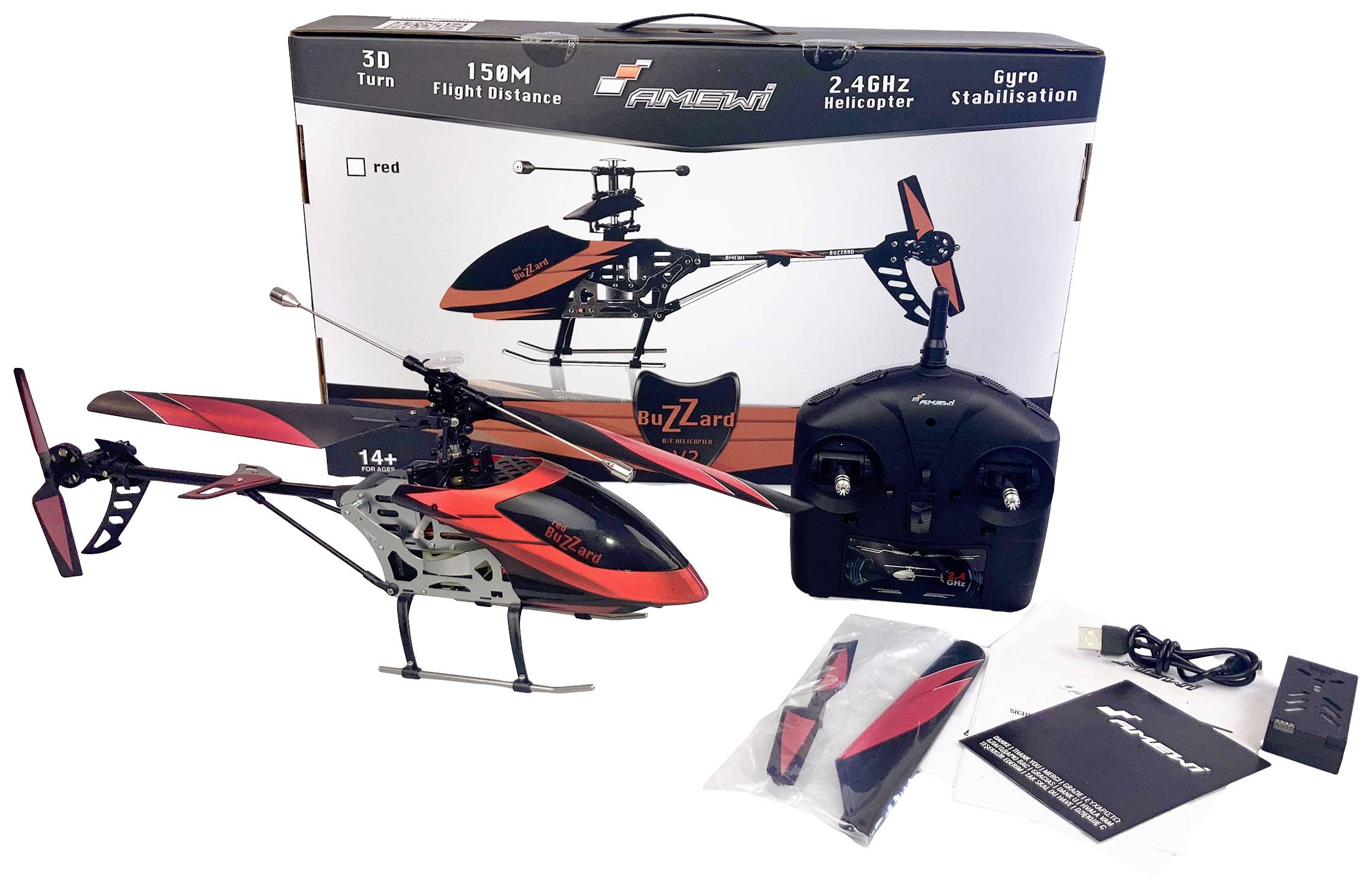 Játék helikopter szett: Távirányítós helikopterrel, távirányítóval és tartozékokkal. Helikopter piros és fekete színben, 2,4 GHz-es technológiával. Csomag és használati útmutató a háttérben.