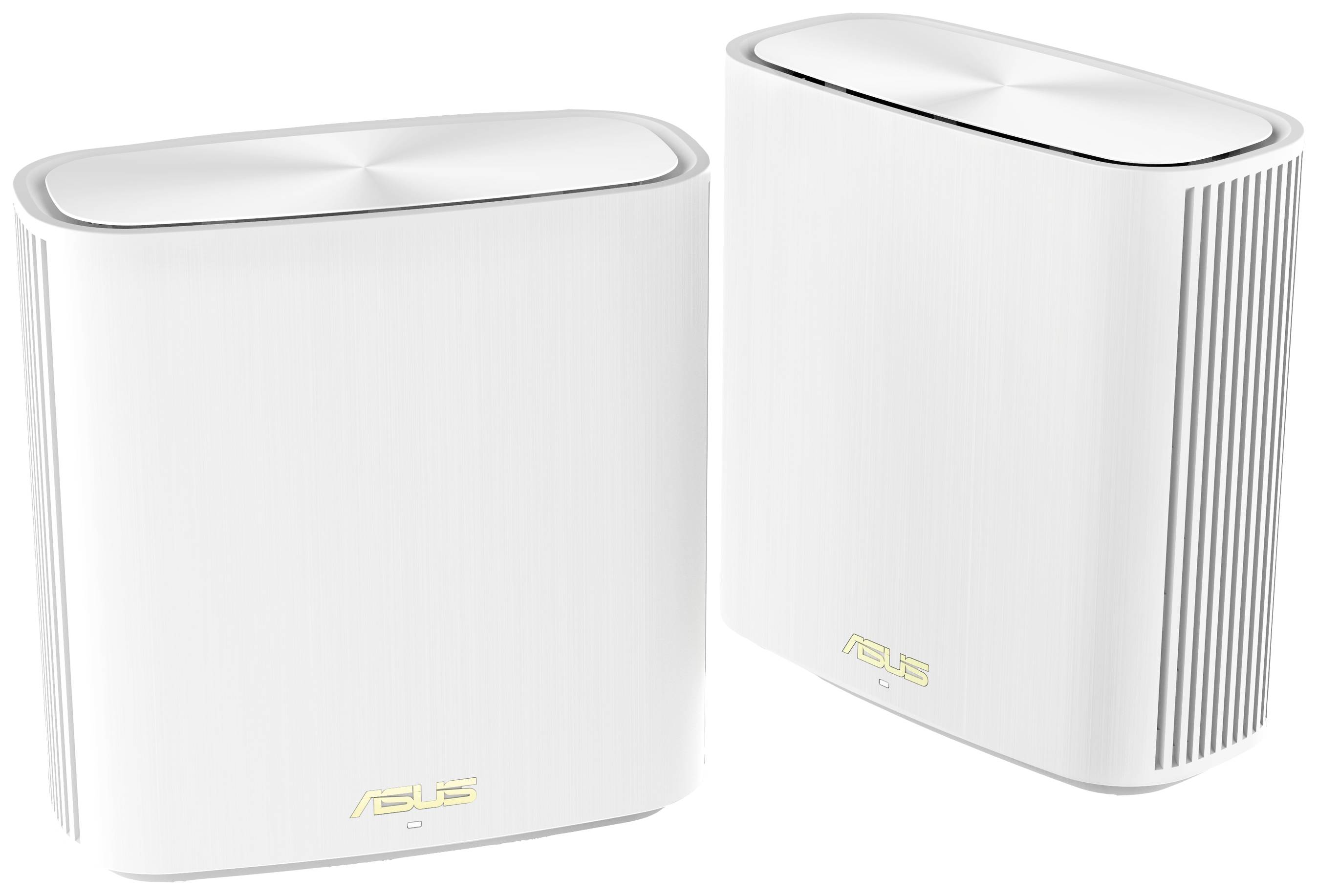 Két fehér ASUS WiFi-router lekerekített sarkakkal és függőleges szellőzőnyílásokkal. Egymás mellett helyezkednek el, felettük pedig látható az ASUS logó.