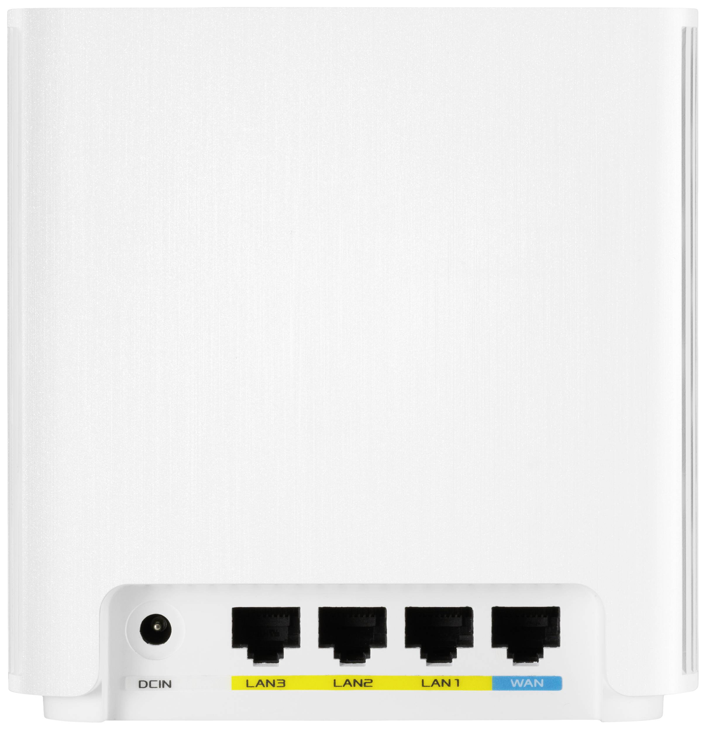 Fehér router négy Ethernet-porttal, amelyek „LAN3", „LAN2", „LAN1" és „WAN" felirattal vannak ellátva, valamint egy tápcsatlakozóval.