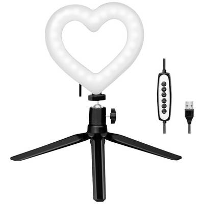 Szív alakú LED-gyűrűlámpa állvánnyal, USB-csatlakozóval és vezérlőgombbal. Tökéletes világításhoz és fényképezéshez.