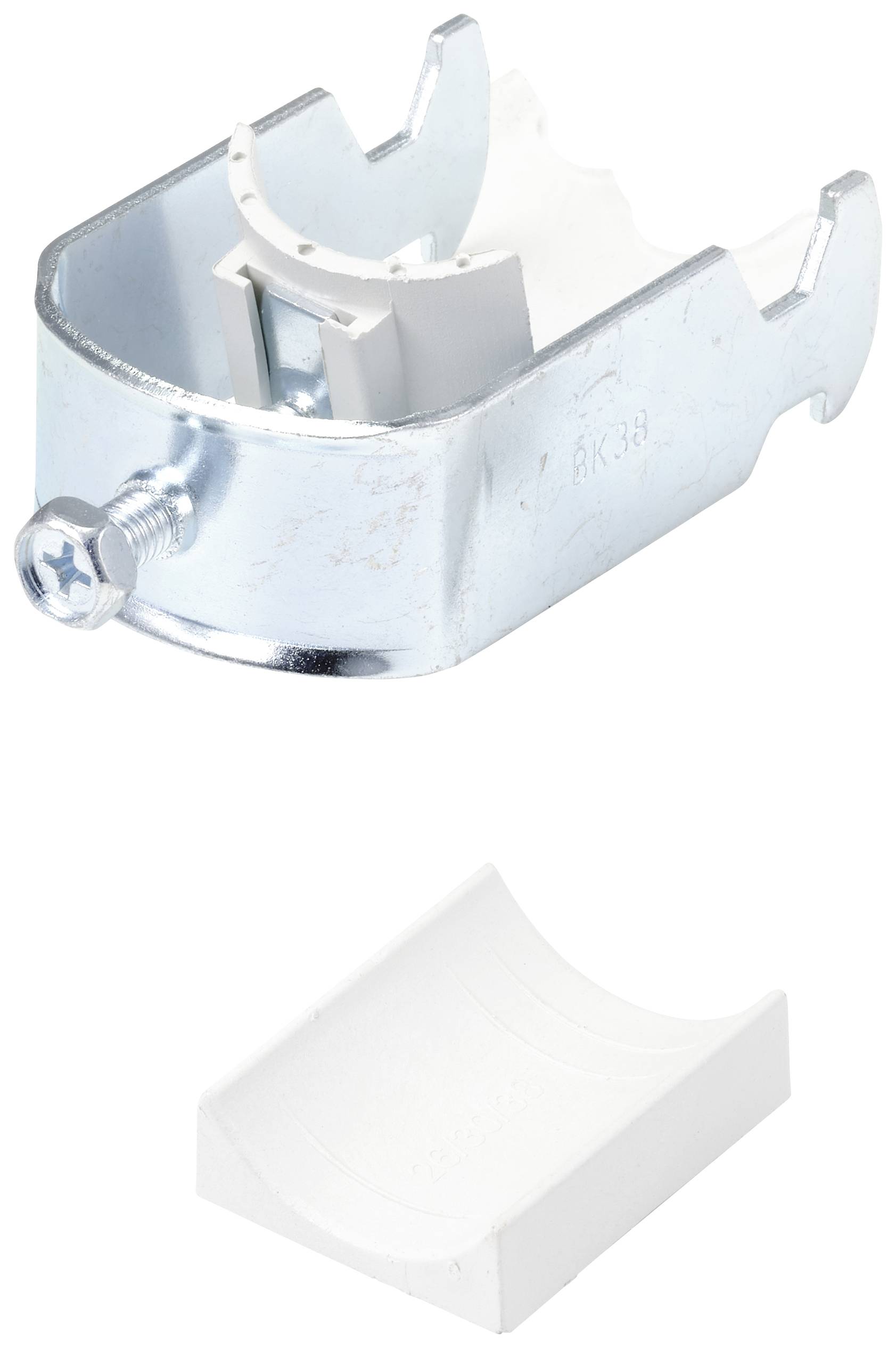 Egy ezüstszínű fémdarab fehér műanyag betéttel alatta. A fémdarabnak egy csavar van az oldalán.