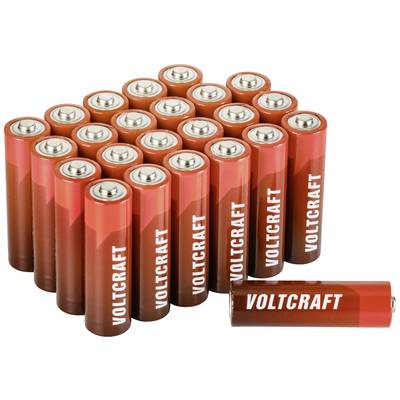 21 darab piros Voltcraft AA-típusú elem elrendezve, egy elem előttük keresztbe fektetve. Elektronikus eszközökhöz alkalmas.
