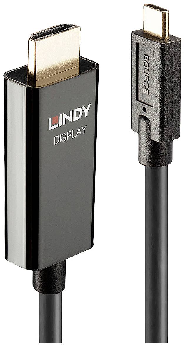Egy Lindy logóval ellátott HDMI-kijelzőkábel és egy USB-C csatlakozó.
