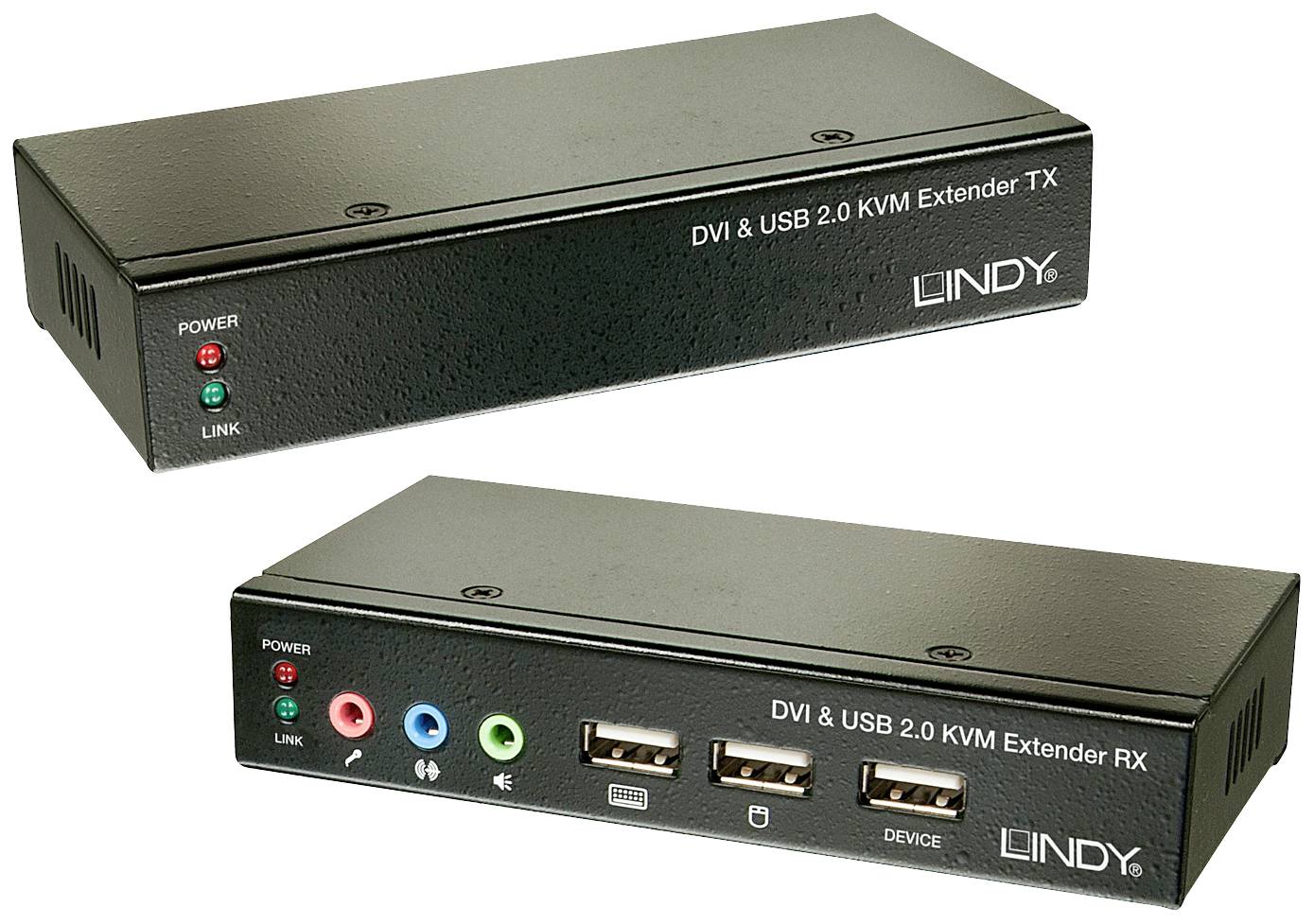 'DVI & USB 2.0 KVM Elosztó' két eszközzel. A felső eszköz 'TX' felirattal, az alsó 'RX' felirattal rendelkezik. Mindkét eszköz rendelkezik csatlakozókkal és LED-ekkel a tápellátás és a kapcsolat jelzésére.