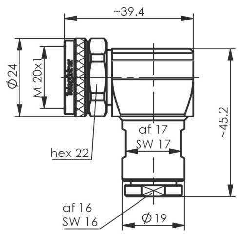 Műszaki rajz egy csőről méretekkel: hosszúság ~39,4 mm, átmérő 24 mm, menet M 20x1, kulcsnyílás 22 mm, 17 mm, 16 mm.