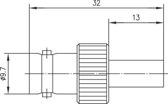 Műszaki rajz egy csatlakozó dugaszról méretmegadással: teljes hosszúság 32 mm, fő átmérő 9,7 mm, részletezett szakasz 13 mm hosszú.