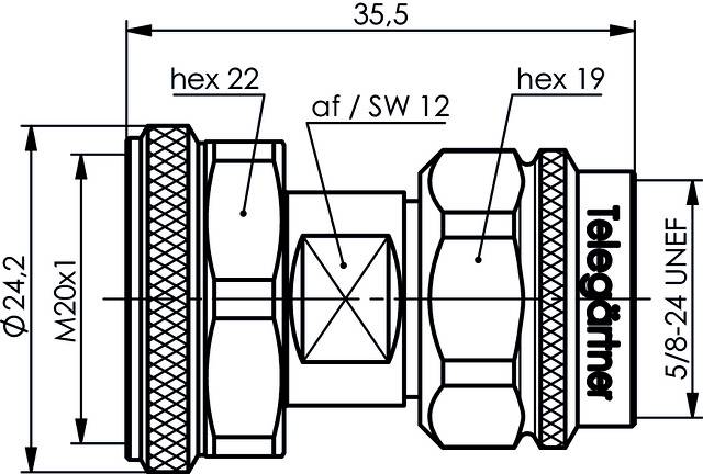 Műszaki rajz egy csatlakozóról méretekkel: 35,5 mm hosszúság, M20x1 menet, hatszög méret hex 22 és hex 19, jelölve af/SW 12.