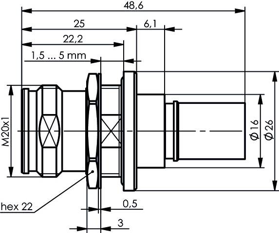 Egy hengeres mechanikai alkatrész műszaki rajza méretekkel és menetjelölésekkel. Részletrajzot és méretjelölő vonalakat tartalmaz.