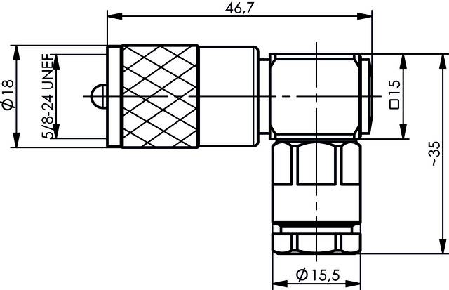 Műszaki rajz egy sarokcsatlakozóról méretekkel: teljes hossz 46,7 mm, magasság 35 mm, átmérő 18 mm és 15,5 mm.