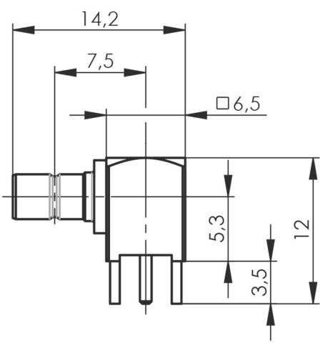 Műszaki rajz egy elektromos csatlakozóról méretekkel: 14,2 mm hosszúság, 12 mm magasság, részletméretek 6,5 mm, 5,3 mm, 3,5 mm.
