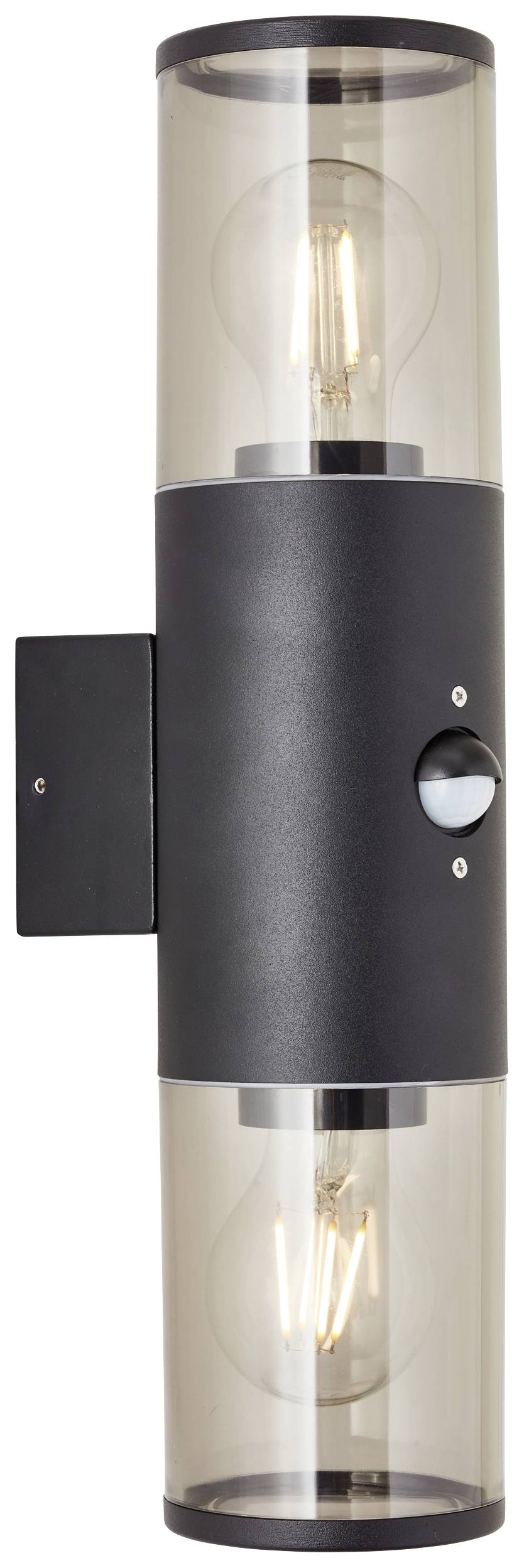 Fekete fali lámpa két látható izzóval, téglalap alakú fali tartólemezre szerelve. Vertikális kialakítású, bel- és kültéri használatra egyaránt alkalmas.
