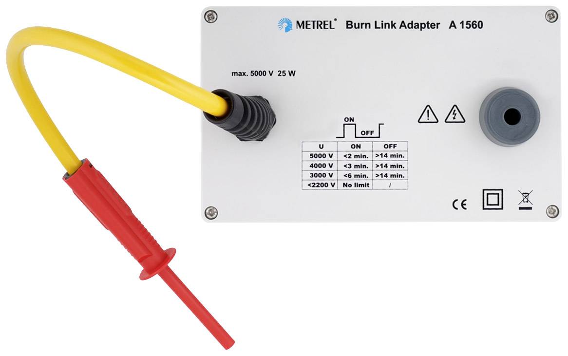 Metrel Burn Link Adapter A 1560, max. 5000 V 25 W. Kapcsoló különböző feszültségtartományok beállításaival ábrázolva.