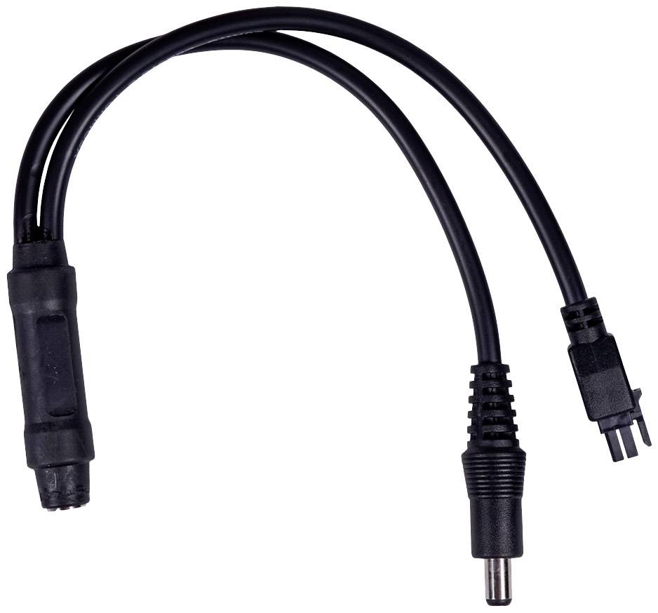 Egy fekete Y-kábel két csatlakozóval és egy végponttal, amelyet elektronikai eszközök összekötésére használnak.