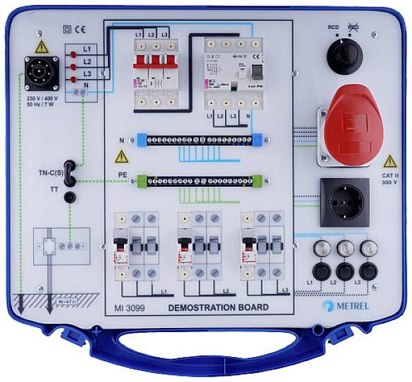 Demonstrációs tábla elektromos vizsgálatokhoz különböző kapcsolási és csatlakoztatási lehetőségekkel.