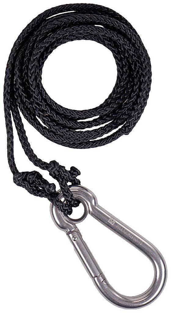 Egy fekete kötél egy ezüst karabinerrel van összekötve. A kép bemutatja a kötél hosszát és rugalmasságát.