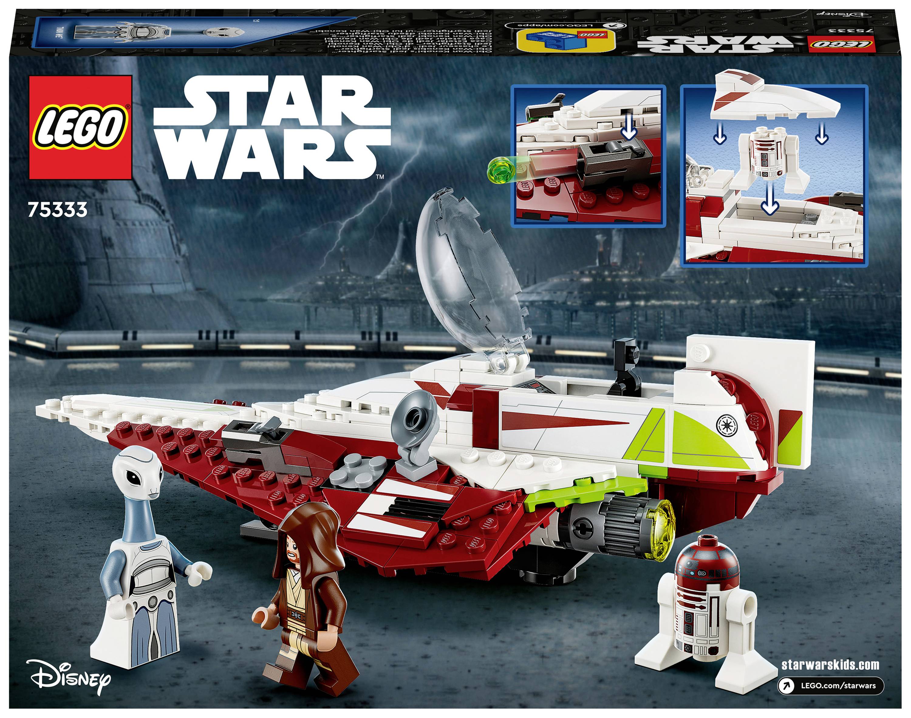 LEGO Star Wars Szett: Jedi Csillagvadász Obi-Wan-nel, R4-P17 Droidbal és Kaminói harcossal. A jelenetek bemutatják a modell funkcióit.