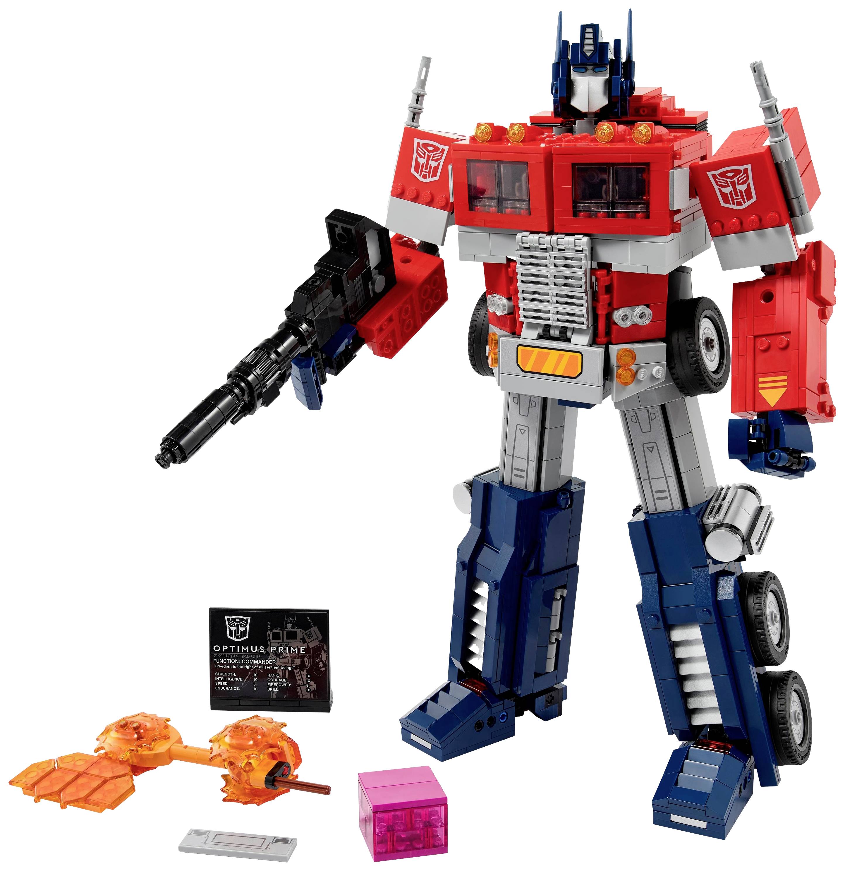 Egy nagy, piros és kék Lego-modell robotról, fegyverekkel és kiegészítőkkel. A készletben építési útmutató és további alkatrészek is találhatók.