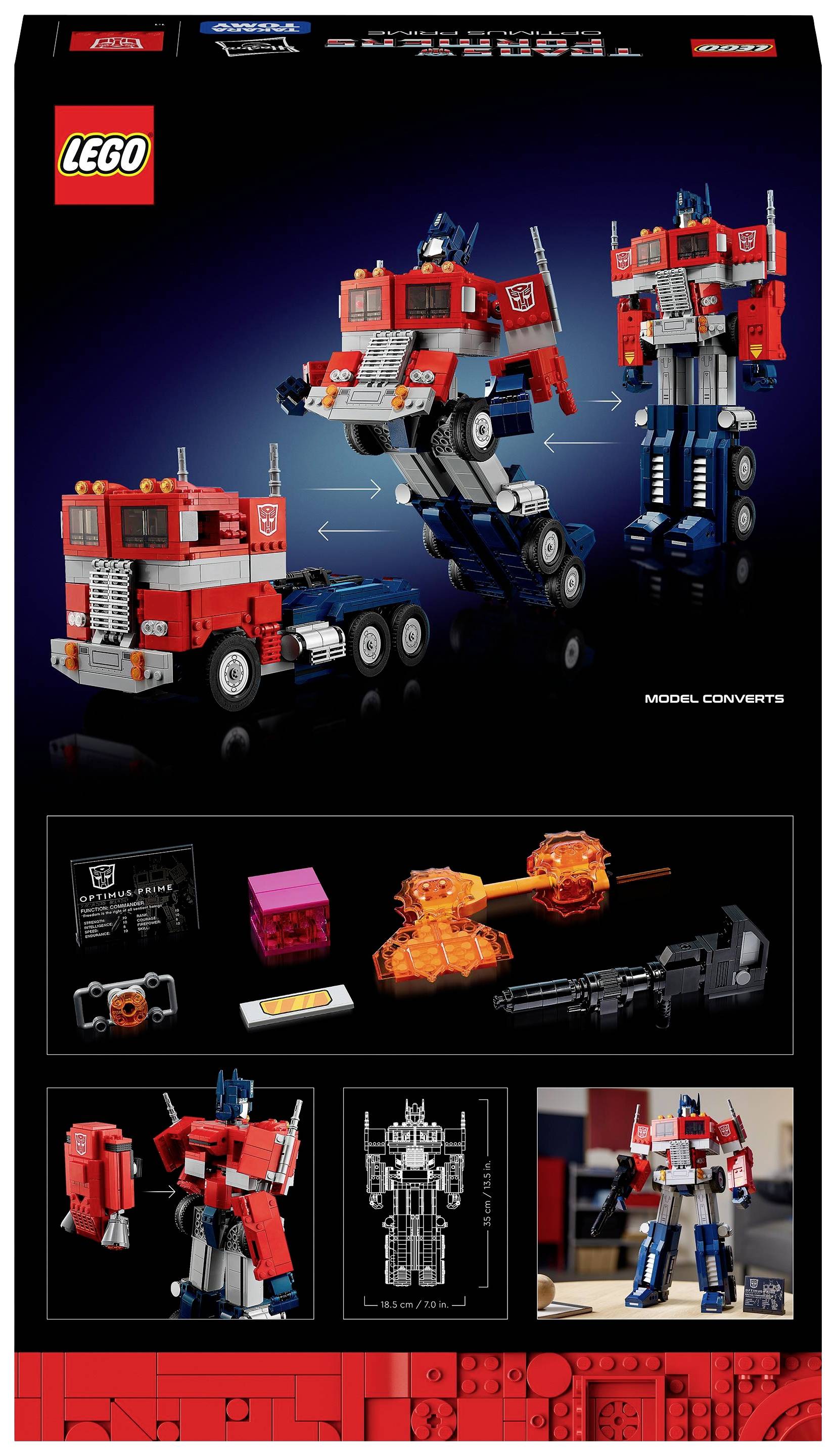 Lego-építőkészlet: Piros és kék robot, amely átalakítható egy teherautóvá. Különböző nézetek és tartozékok kerülnek bemutatásra.