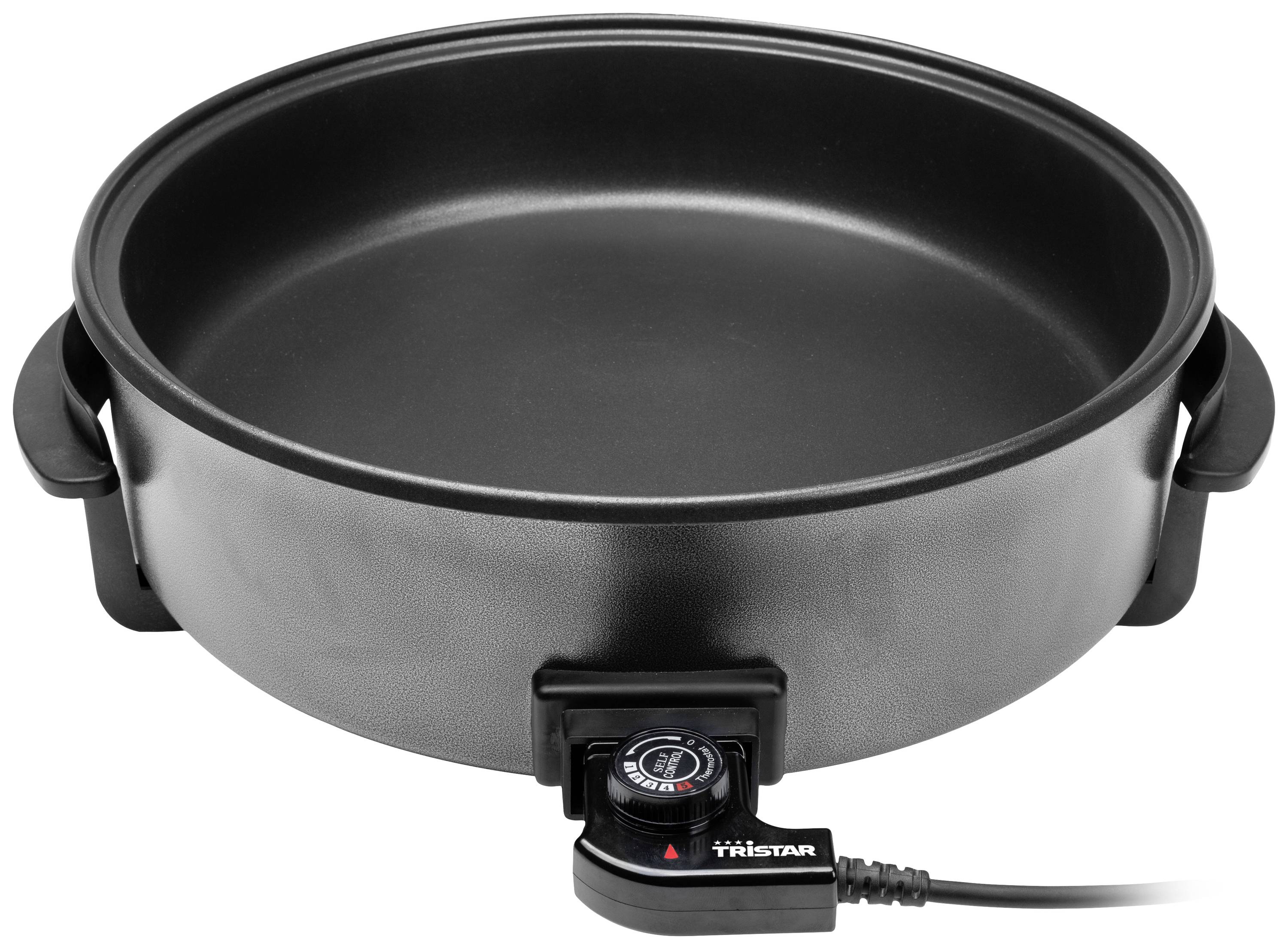 Elektromos serpenyő hőmérséklet-szabályzóval, alkalmas sütéshez és főzéshez.