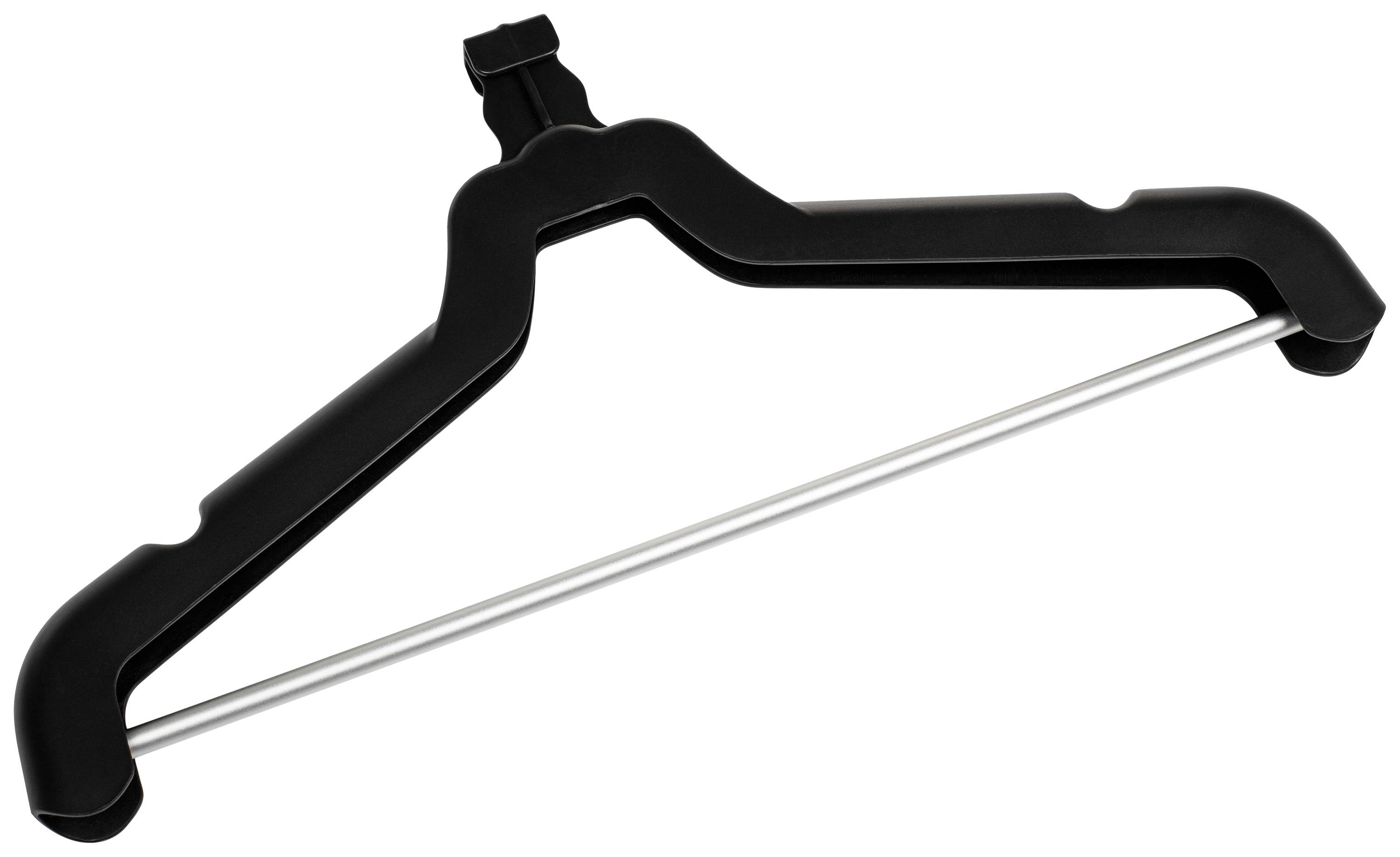 Fekete ruhaakasztó fémrúddal, nadrágok és öltönyök számára alkalmas.