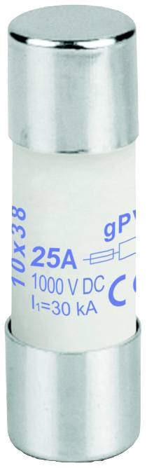 Biztosíték nyomattal: '25A, 1000V DC, I1=30kA'. Elektromos áramkörökben túláramvédelem céljából használják.