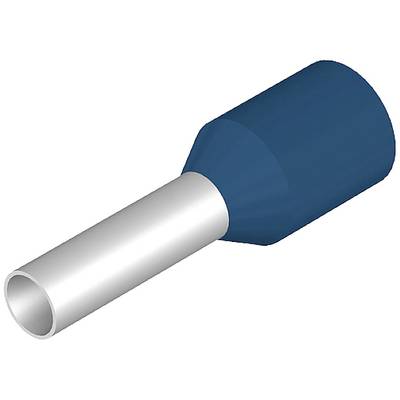 Egy kék érvéghüvely-csatlakozó hengeres fémvégződéssel. Elektromos vezetékek összekapcsolására használatos.
